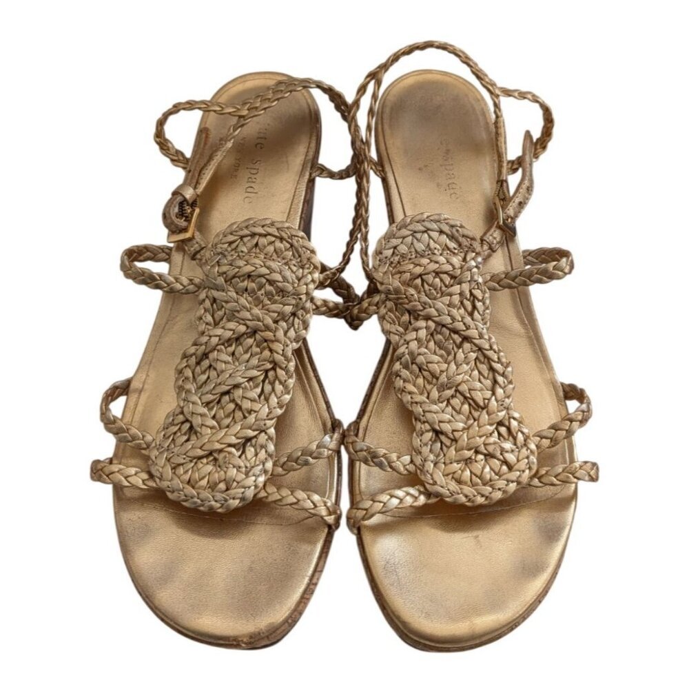Kate Spade New York Becca Gold Braided Leather Cork Platform Wedge Sandals Sz 8 - Picture 7 of 10